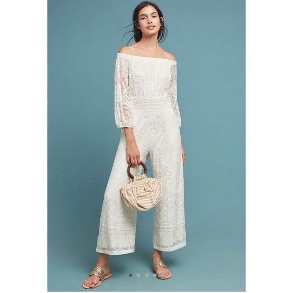 Anthropologie Farm Rio Elliott Lace White Off the Shoulder Jumpsuit Lined XS​